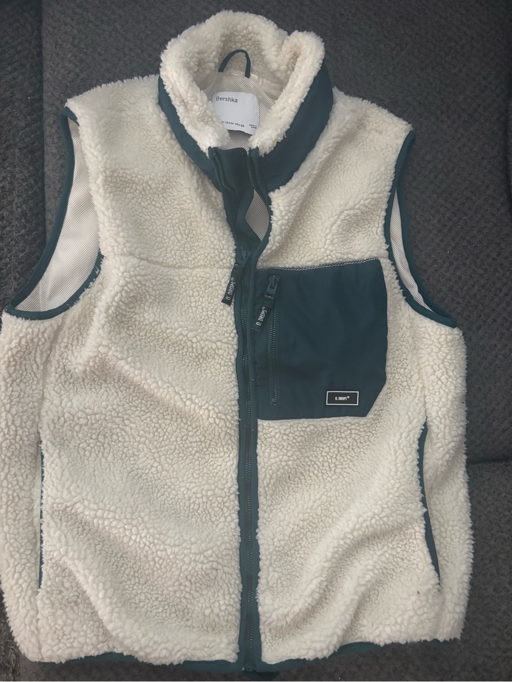 Bershka Cream Sherpa Vest with Forest Green Trim